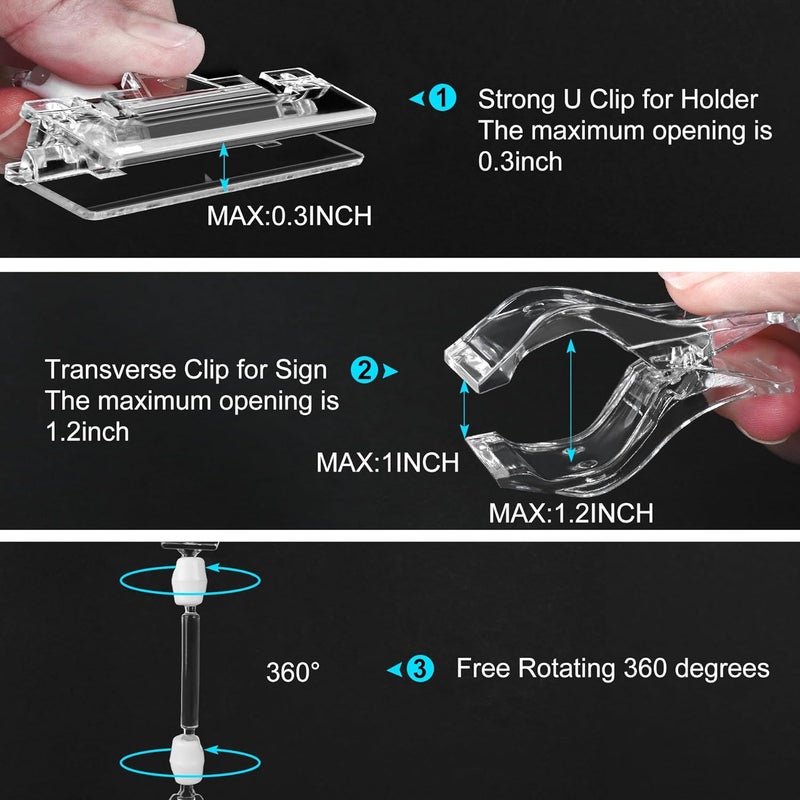 Inchoco Clear Sign Clips on Merchandise Display 12 Pack Plastic Label Pop Clips on Sign Holder Shelf Double Sided Swivel Price Tag Clips on Clothing Rack Signs Rotatable Menu Clips for Sale Retail Display - Image 3